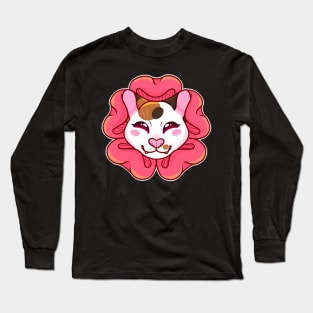 Calico Cat with Pink Flower Long Sleeve T-Shirt